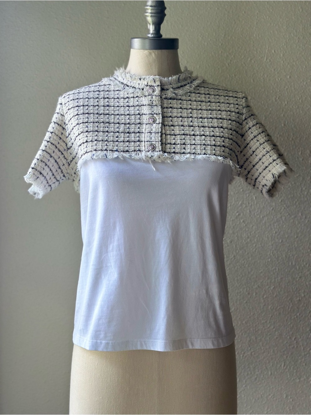 Maje Titalo Tweed Trim Tee Shirt Ecru Black White Combo 2-in-1 Mock Neck Top 1